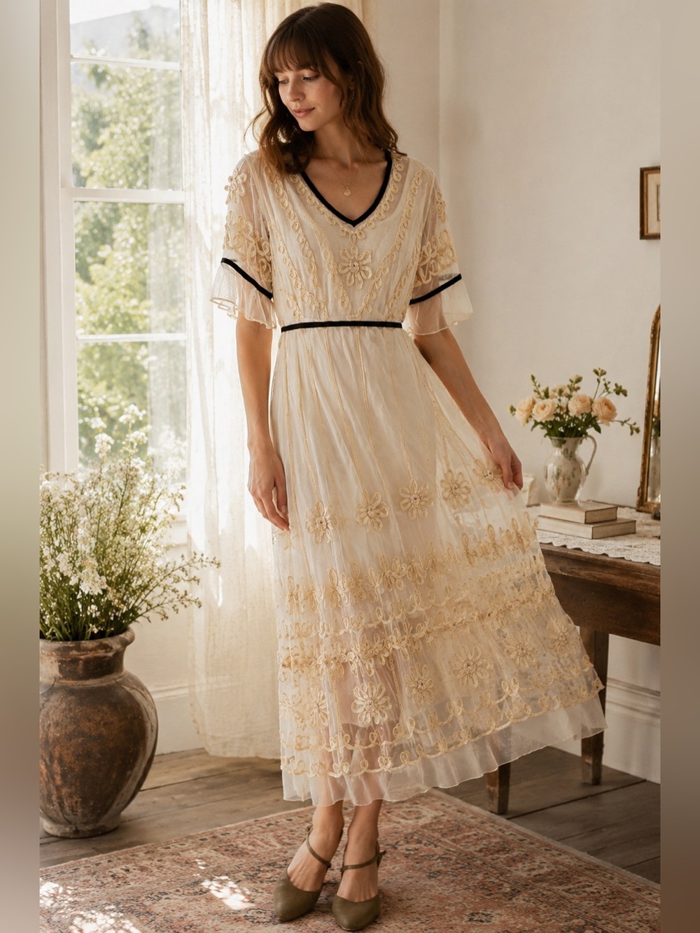 Papillon Boho Romantic Embroidered Mesh Midi Dress M Cream Cottagecore